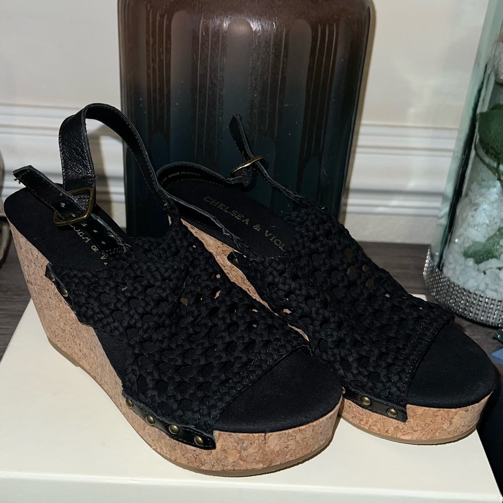 Chelsea & Violet Black Woven Wedges